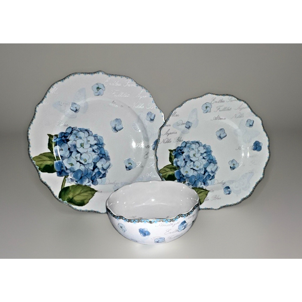 Blue Hydrangea Floral Plates Bowl Hailey Sky Nature’s Home Dinner Salad Set 3pc
